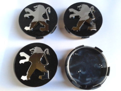 4 LOGO EMBLÈME PEUGEOT 60 mm noir caches moyeu jante, centre de roue/ NEUF - rst-parts