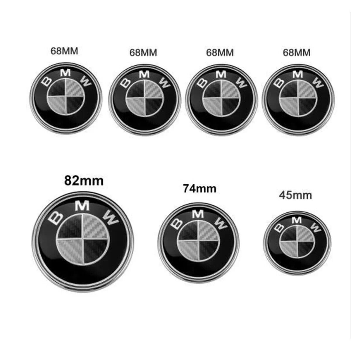 7 LOGO Emblème BMW Noir Gri Capot 82mm + Coffre 74mm +Volant+ 4cache moyeu 68mm - rst-parts