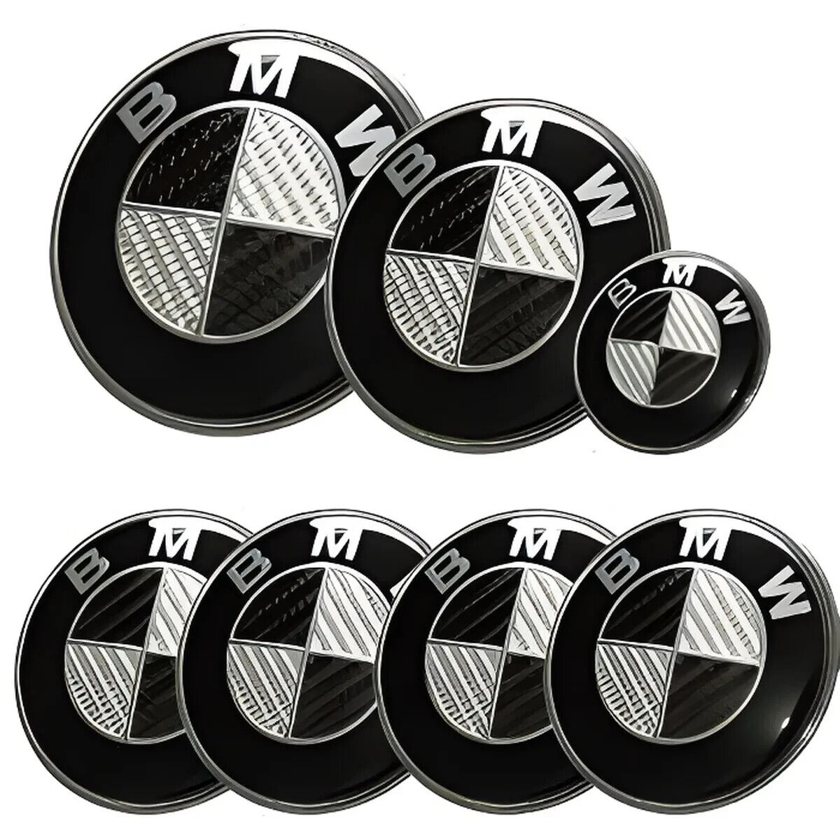 7 LOGO Emblème BMW Noir Gri Capot 82mm + Coffre 74mm +Volant+ 4cache moyeu 68mm - rst-parts