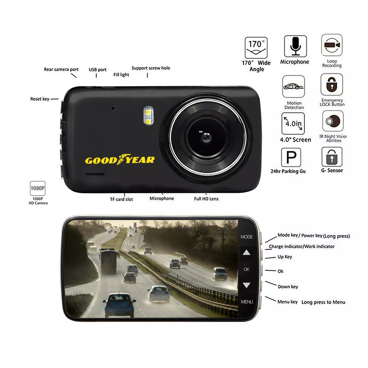 Goodyear Dash Cam Full HD 1080P avec Caméra Arrière et Vision Nocturne - rst-parts