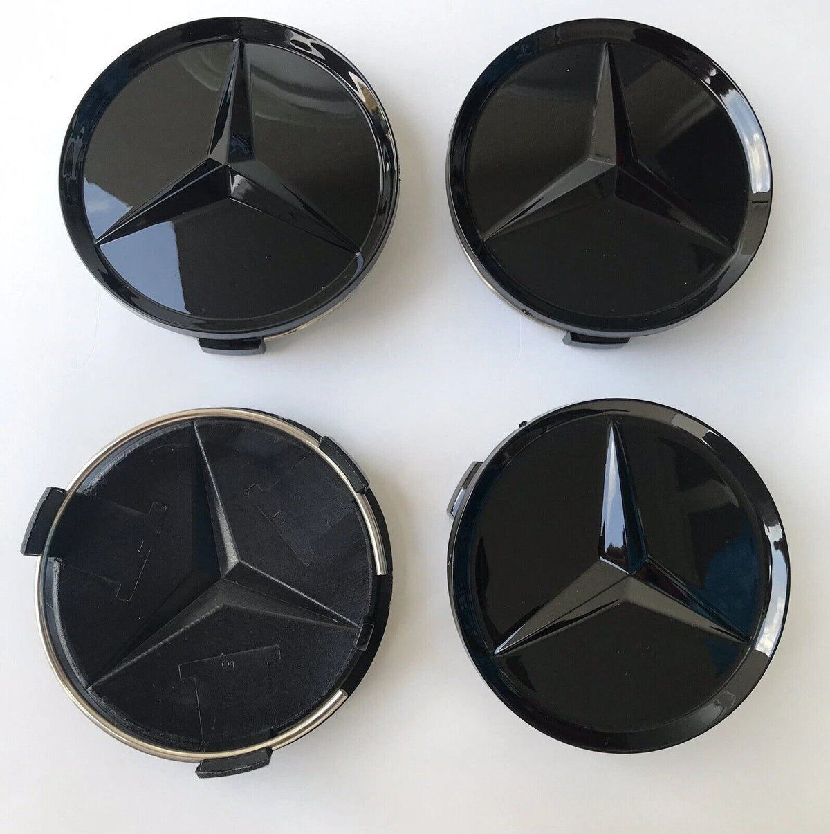 LOT 4 Cache Moyeu 75mm NOIR BRILLANT / Mercedes Logo Emblème Jante Centre Roue - rst-parts