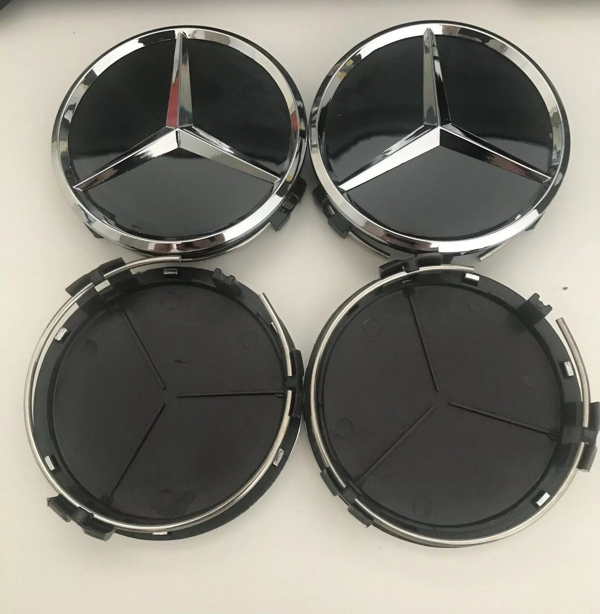 LOT 4 Cache Moyeu 75mm NOIR BRILLANT pour Mercedes Logo Jante Centre De Roue - rst-parts