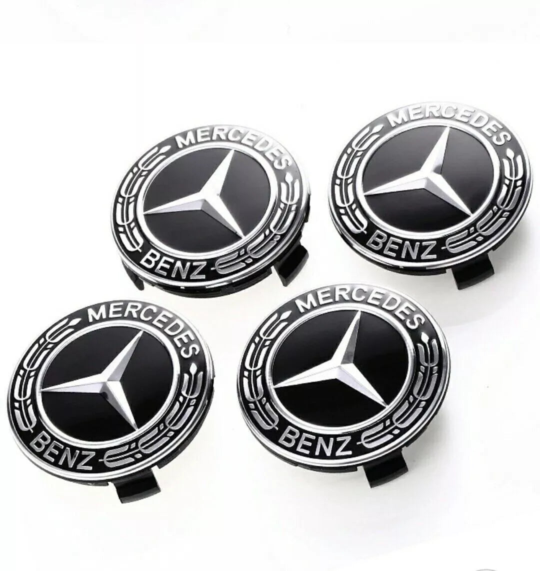 LOt 4 Cache Moyeu 75mm Pour Mercedes Logo Emblème Jante Centre De Roue New Black - rst-parts