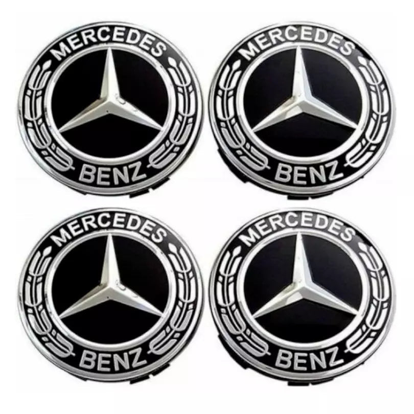 LOt 4 Cache Moyeu 75mm Pour Mercedes Logo Emblème Jante Centre De Roue New Black - rst-parts
