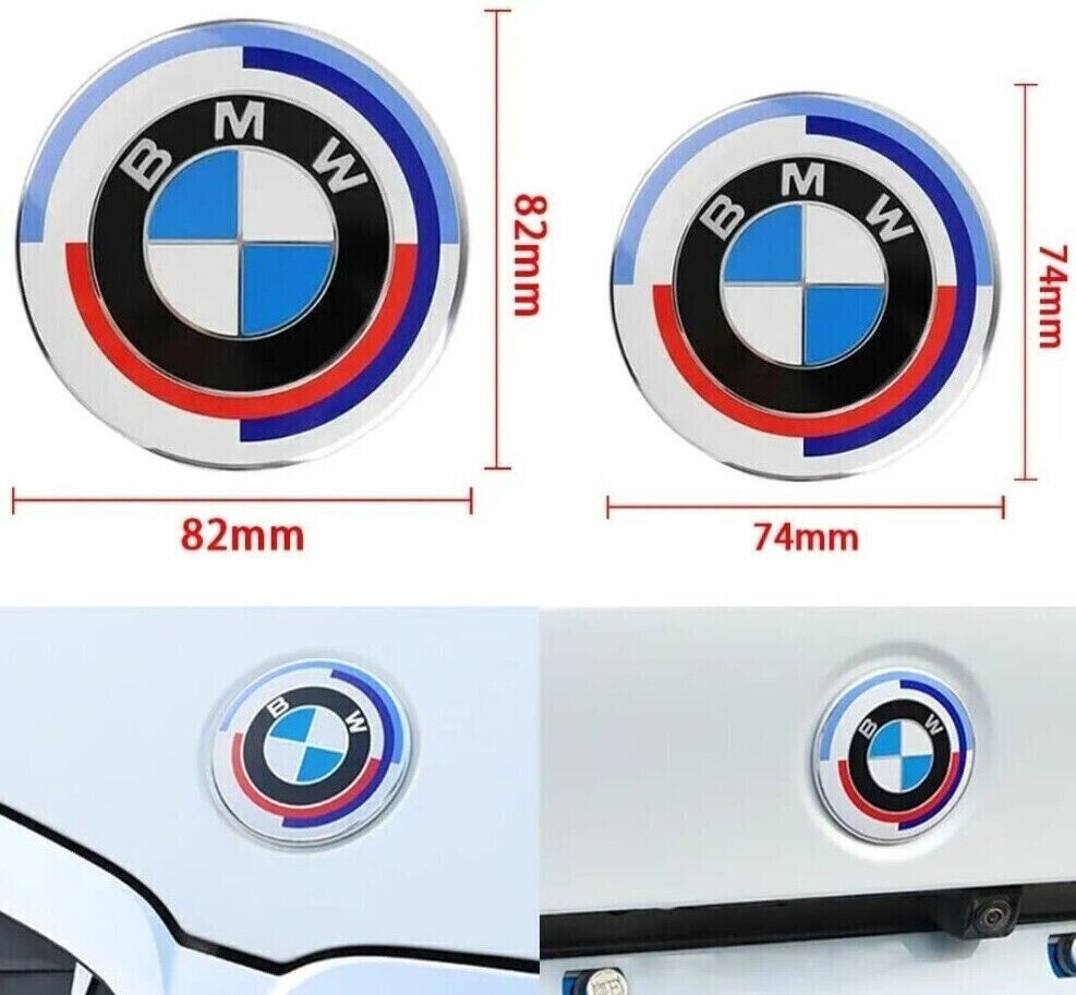 2x BMW Insigne logo Capot 82mm + Coffre 82mm emblème BMW 50E anniversaire